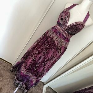 Animal print with rhinestone bust Purple Halter Dress with ribbon halter neck